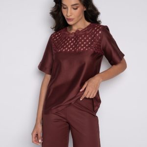 Blusa Bordada Com Mangas Curta Vinho Berry – Ceça