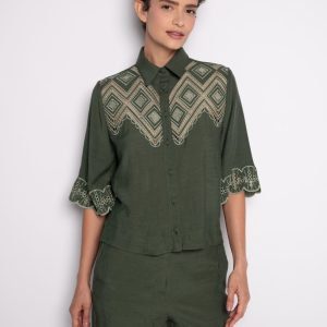 Camisa Bordada Com Mangas Curtas Verde Escuro – Prisci