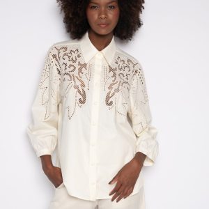 Camisa Bordada Com Mangas Bufante 100% Algodão Creme – Cinara