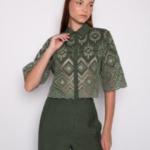 Camisa Cropped Bordada Verde Escuro – Cristina