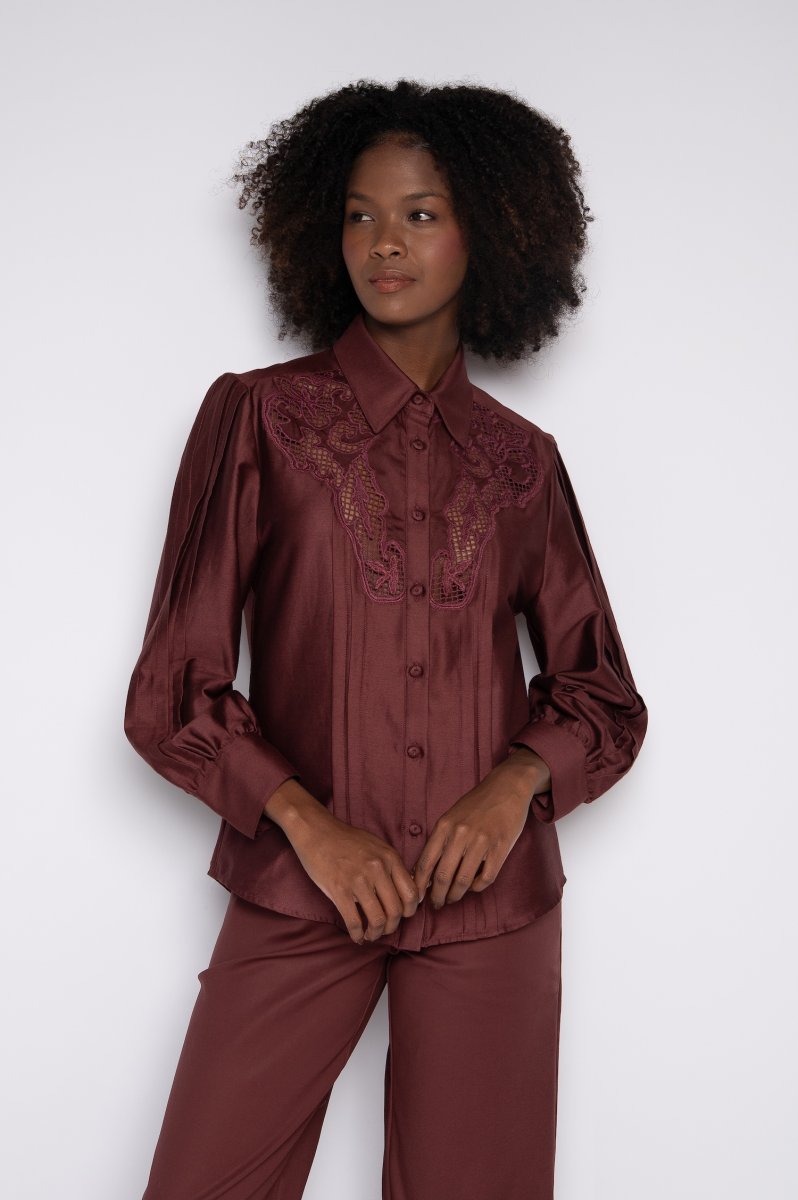 Camisa Bordada Com Mangas 7/8 Vinho Berry – Olivia - Image 2
