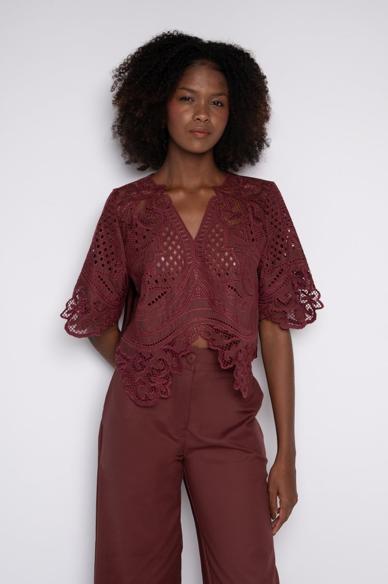 Blusa Cropped Bordada Com Decote V Vinho Berry – Aurora - Image 7