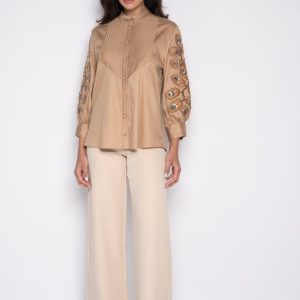 Camisa Com Mangas Bordadas Caqui- Samira