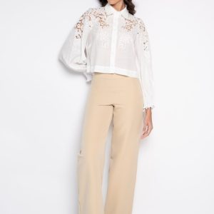 Camisa Cropped Bordada Com Manga Bufante Off White – Zilma