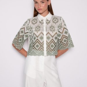 Camisa Cropped Bordada Verde Off White – Cristina
