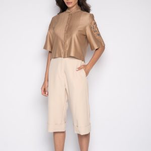 Camisa Cropped Bordada Com Nervuras Frontais Caqui – Sônia