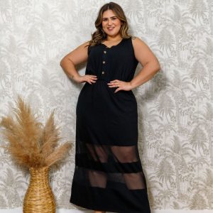 Vestido Feminino Plus Size Com Recorte Em Tule Na Barra Deep 35015