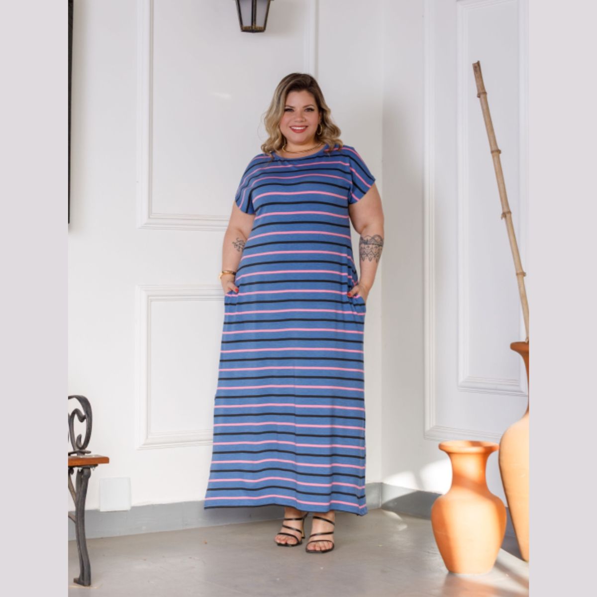 Vestido Mel Longo Manga Curta Fenda Lateral Plus Size 35039 - Image 9