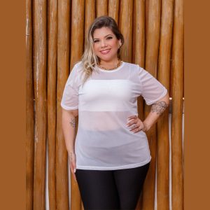 Blusa Tule Transparente Manga Curta Feminina Plus Size 38016