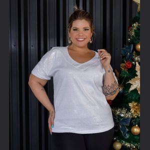 Blusa Feminina Manga Curta Frente Em Paetê Plus Size 38026