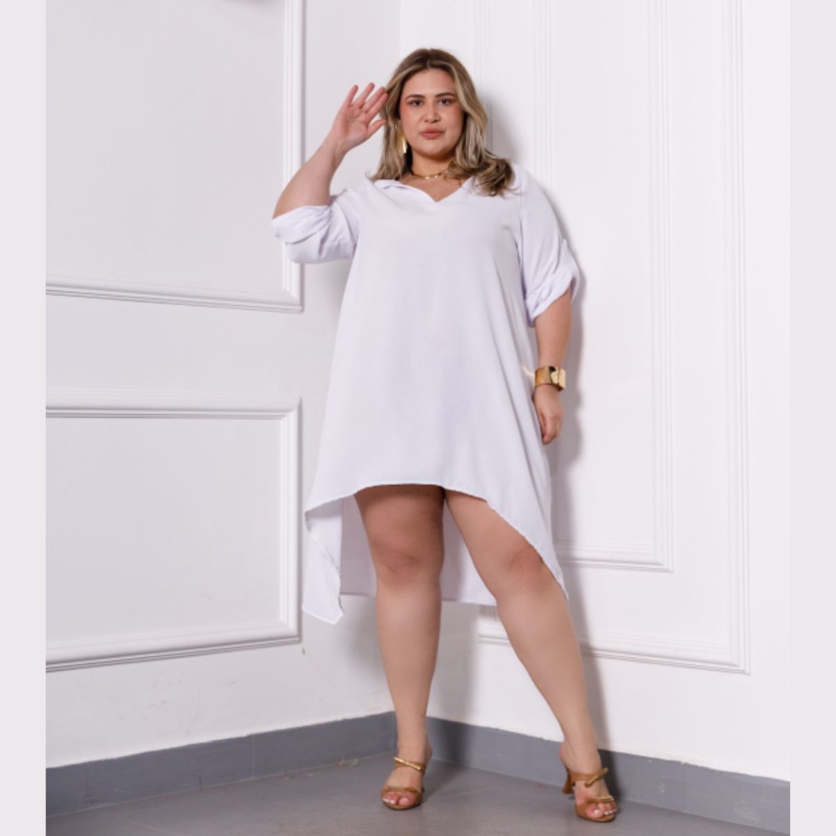 Vestido Chamise Manga 3/4 Gola Polo Plus Size 38068 - Image 5