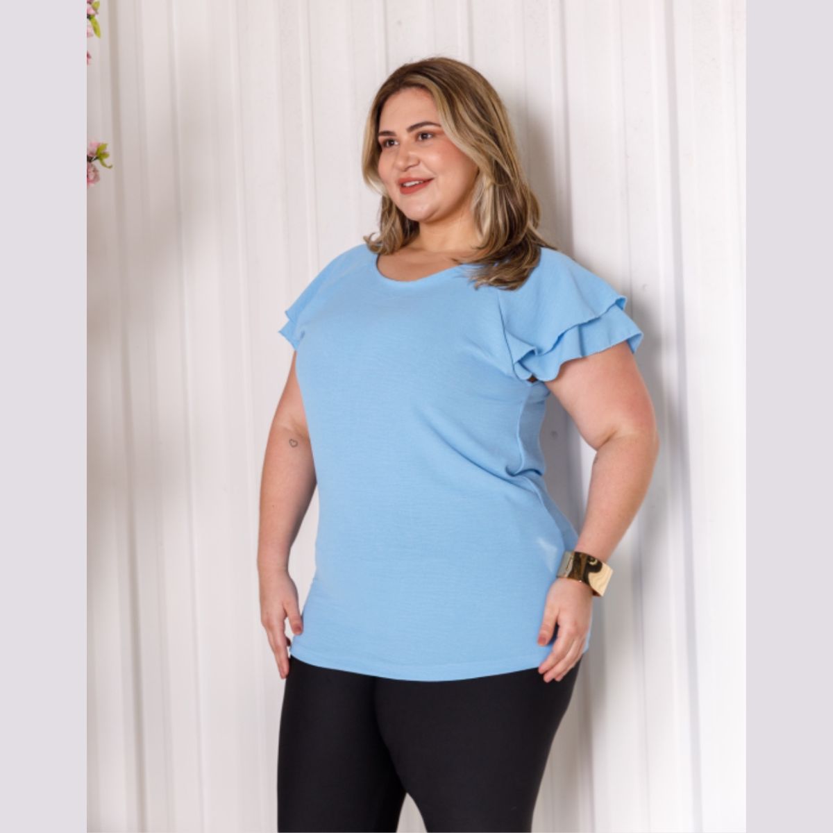 Blusa Up Manga Curta Com Babado Verão Plus Size 39015 - Image 4