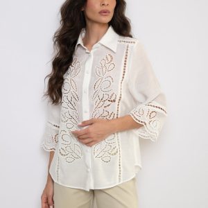 Camisa Bordada Com Mangas 3/4 Off White – Claudia