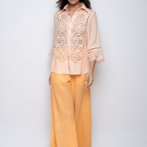Camisa Bordada Com Mangas 3/4 Salmon – Claudia