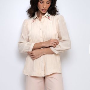 Camisa Bordada Com Mangas 3/4 New Manteiga – Clotilde