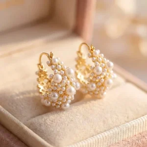 Vintage Gold Pearl Cluster Design Hoop Earrings