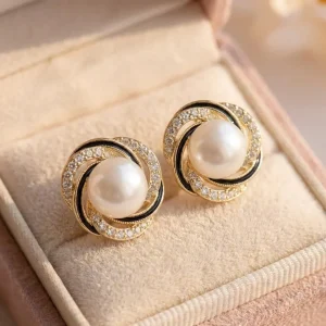 Vintage Zircon Wrapped Flower Pearl Earrings