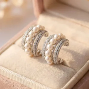 Vintage Pearl Inlaid Rhinestone Hoop Earrings