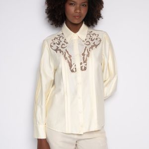 Camisa Bordada Com Mangas 7/8 Creme – Olivia