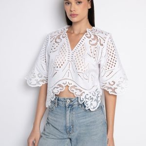 Blusa Cropped Bordada Com Decote V Branca – Aurora