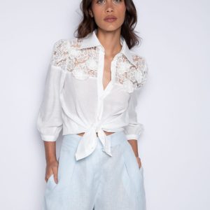 Camisa Bordada Com Mangas 3/4 Off White – Cíntia