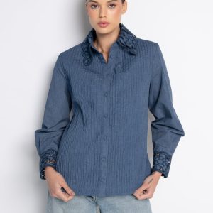 Camisa Bordada com Nervuras Frontais Jeans Lavagem Escura – Ruth