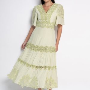 Vestido Midi Bordado Com Decote V Verde- Eduarda