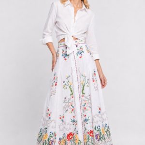 Saia Midi Bordada com Pregas 100% Linho Branca – Maria