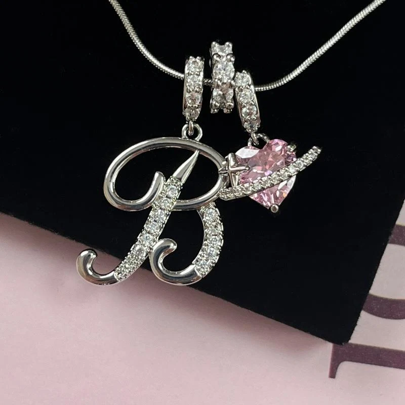 Initial Pendant Necklace with Pink Heart - 925 Sterling Silver - Image 7