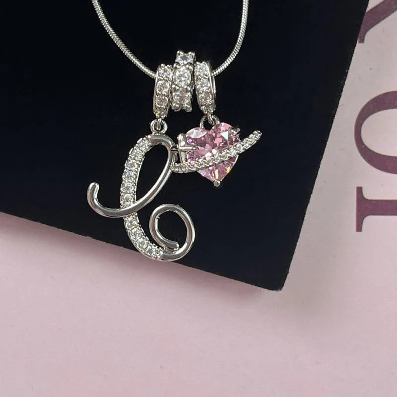 Initial Pendant Necklace with Pink Heart - 925 Sterling Silver - Image 8