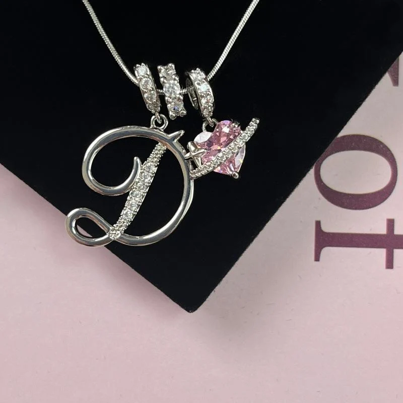 Initial Pendant Necklace with Pink Heart - 925 Sterling Silver - Image 9