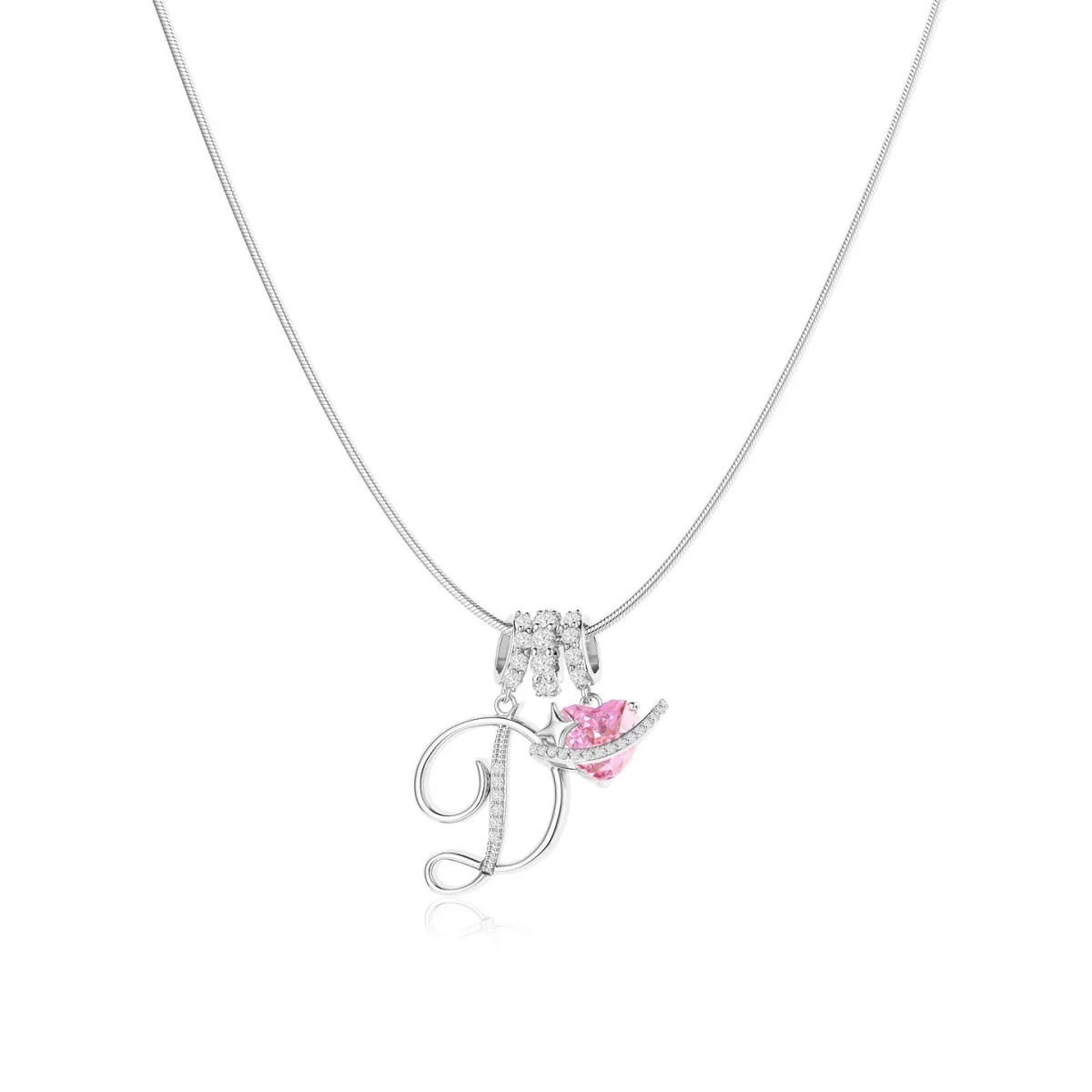 Initial Pendant Necklace with Pink Heart - 925 Sterling Silver