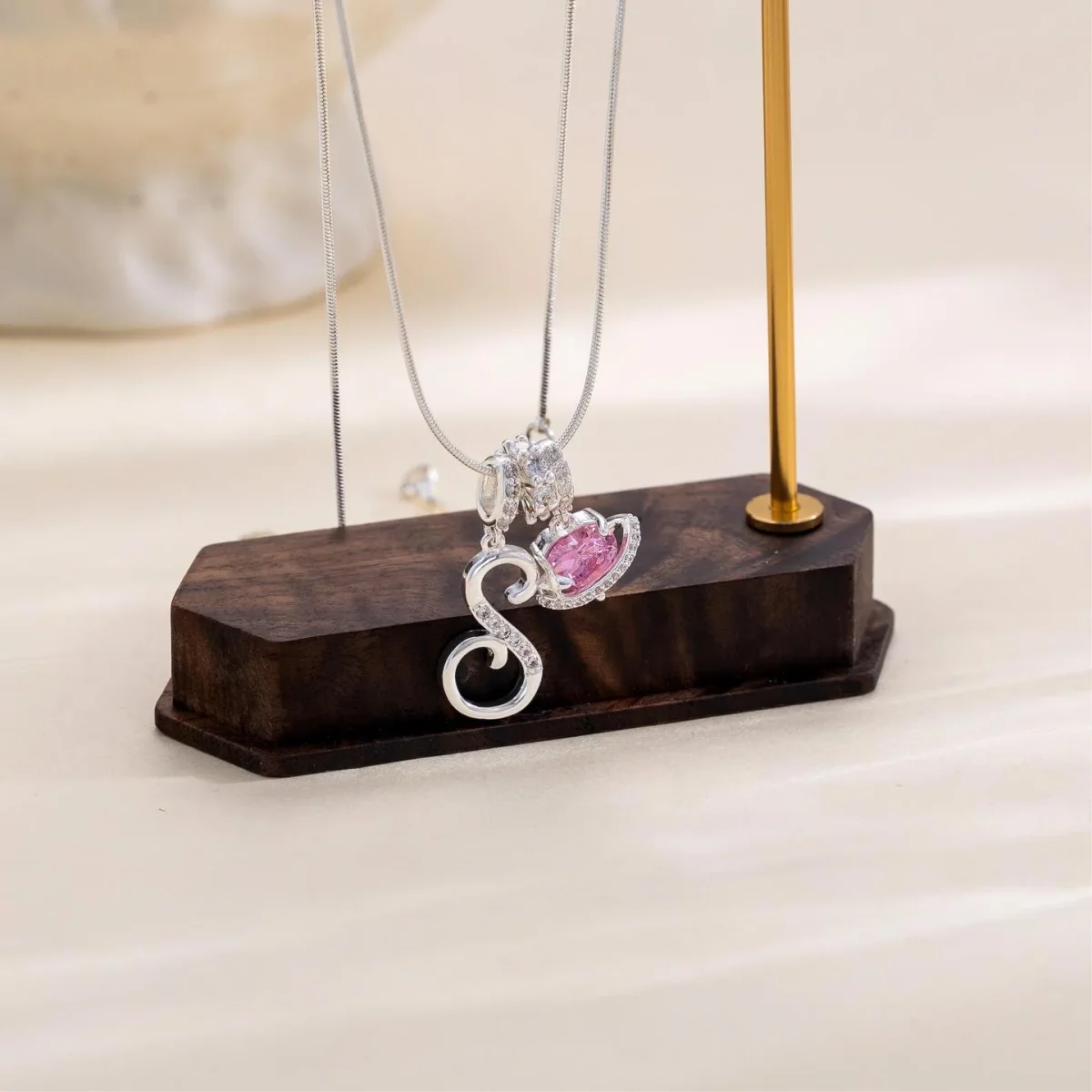 Initial Pendant Necklace with Pink Heart - 925 Sterling Silver - Image 5