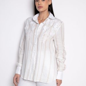 Camisa Listrada Bordada 100% Linho Off White/Bege – Paloma