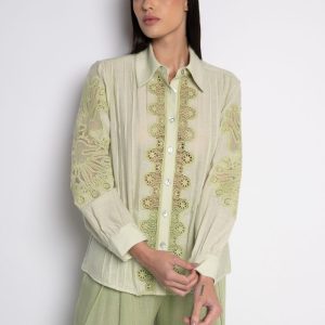 Camisa Bordada Com Nervuras Mangas 7/8 Verde- Roberta